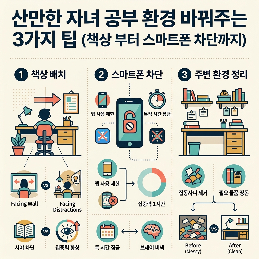ai thumbnail infographic 산만한 자녀 공부 환경 바꿔주는 3가지 팁 책상 배치부터 스마트폰 차단까지 1786910384